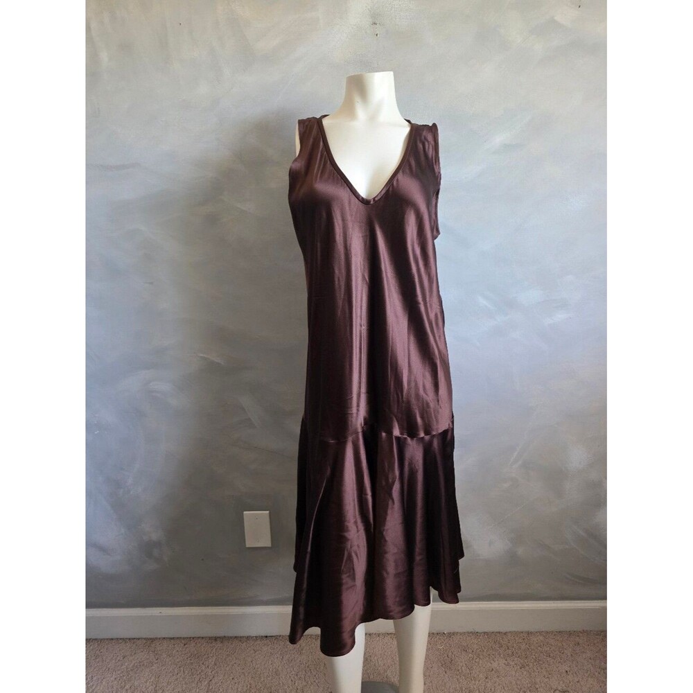 Womens Chocolate Brown V Neck Drop Waist Satin Sleeveless Dress